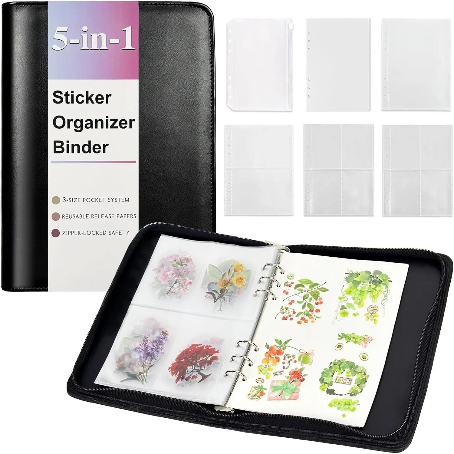 5-in-1 Sticker Organizer Binder  Sticker Storage Book A5 Zipper Binder with 220 Pockets,10 Release Papers, Sticker Album Sticker Collecting Display Keeper