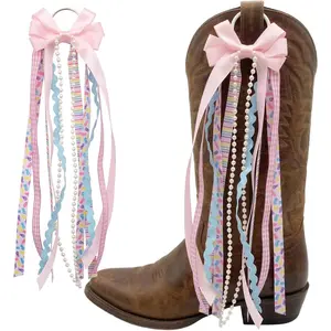 Ribbon Bow Ribbons for Holiday Birthday Accessory Decor, 2 Pieces Easter Boot Charms for Women, Pink Bunny Cowboy Boot Decorations with Layered Ribbon Bows