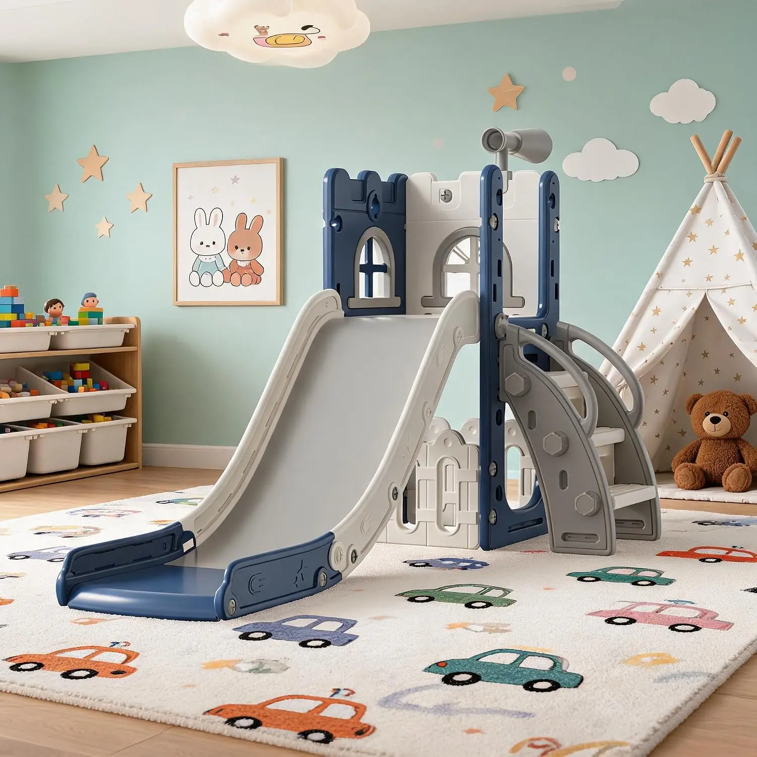 8-in-1 Plastic Multi-Play Toddler Slide Playset, Freestanding Playground Equipment with Basketball Hoop, Tunnel, Telescope & Storage for Indoor & Outdoor Use