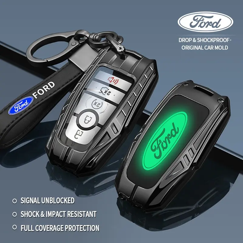 accesorios para llavero funda llave Shock Absorbing Mecha Style Car Key Holder Made of Zinc Alloy & Leather,For Ford Explorer Edge Escape Focus Taurus Fusion Mustang Ranger F-150 F-250 Maverick C-Max Transit Expedition Bronco Sport Mondeo