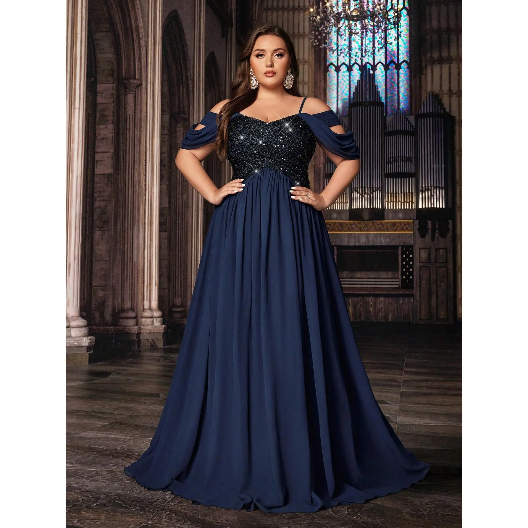 Plus Size Navy Blue Off Shoulder Formal Dress Sequin Chiffon Evening Gown for Banquet Womenswear