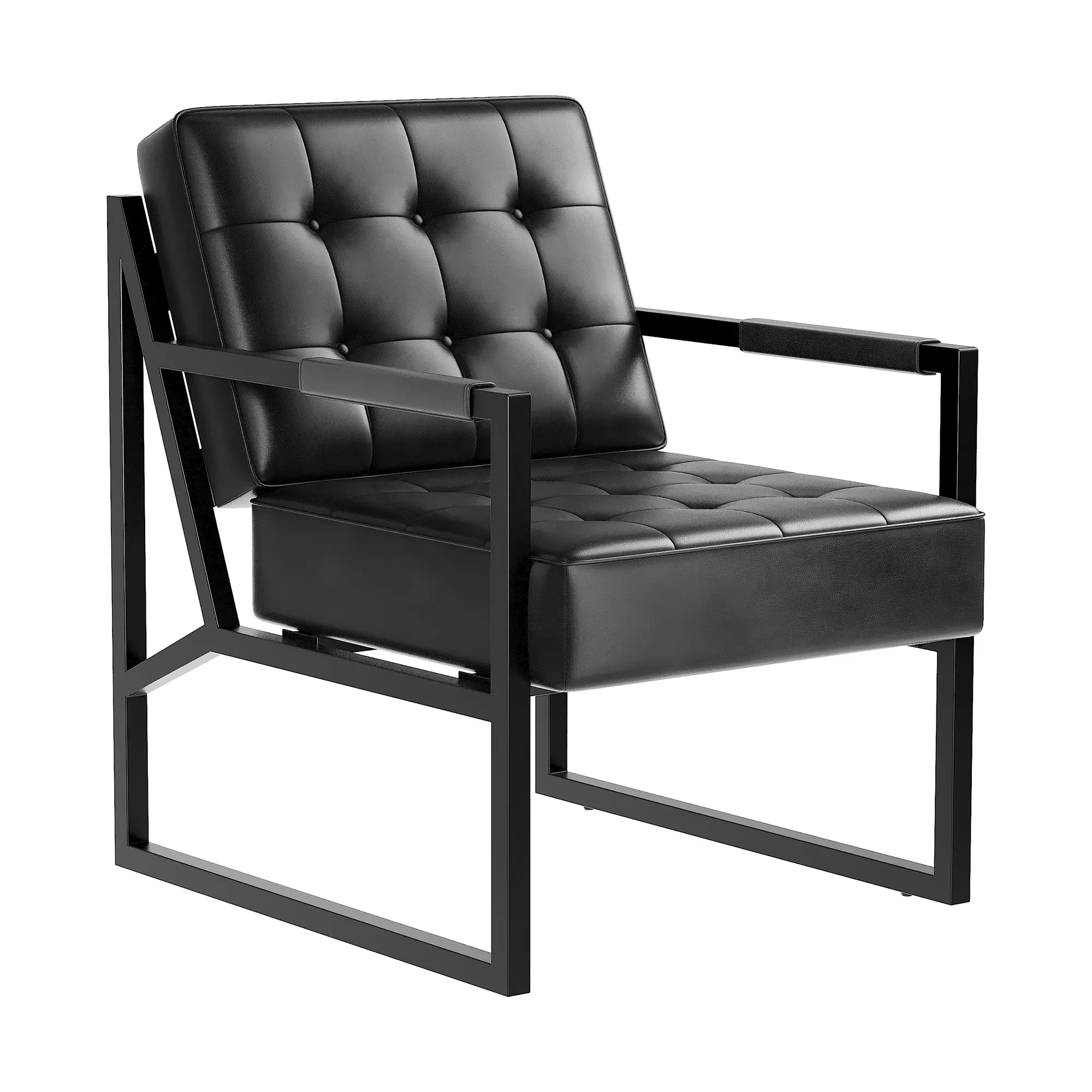 2/1PC Modern Mid Century Accent Chair – Faux Leather Upholstered Armchair – Sturdy Metal Frame and Thick Cushion – Comfortable and Sleek Lounge Chair for Living Room, Bedroom, Office, Reception – Durable Black Side Chair