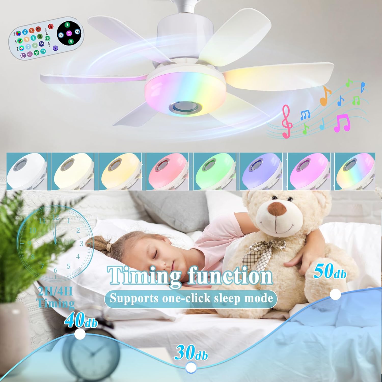 Remote Control Ceiling Fan Light with Bluetooth-compatible Speaker, RGB Fan Light with 3 Adjustable Brightness Levels, No Noise for Small Bedrooms and Indoor Parties