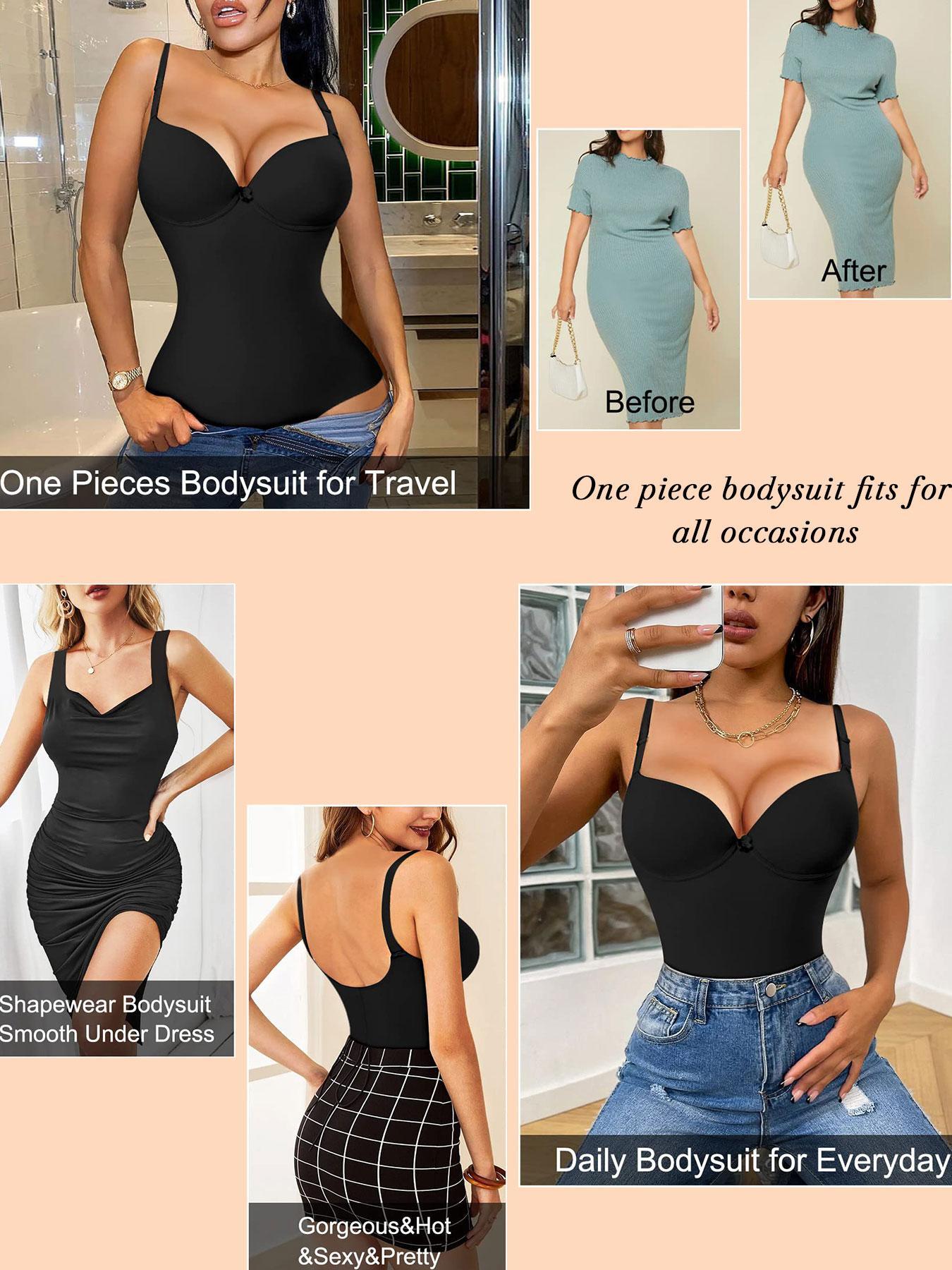 Women's Plain Casual Bow Decor Cami Shapewear Bodysuit, Adjustable Strap Tummy Control Thong Shaper, Ladies Body Shapewear