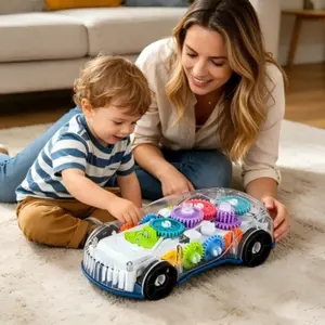 Transparent Gear Electric Racing Car, Collision Auto-Turn Transparent Toy Car with Sound Light Effects, Kids Stem Educational Gift