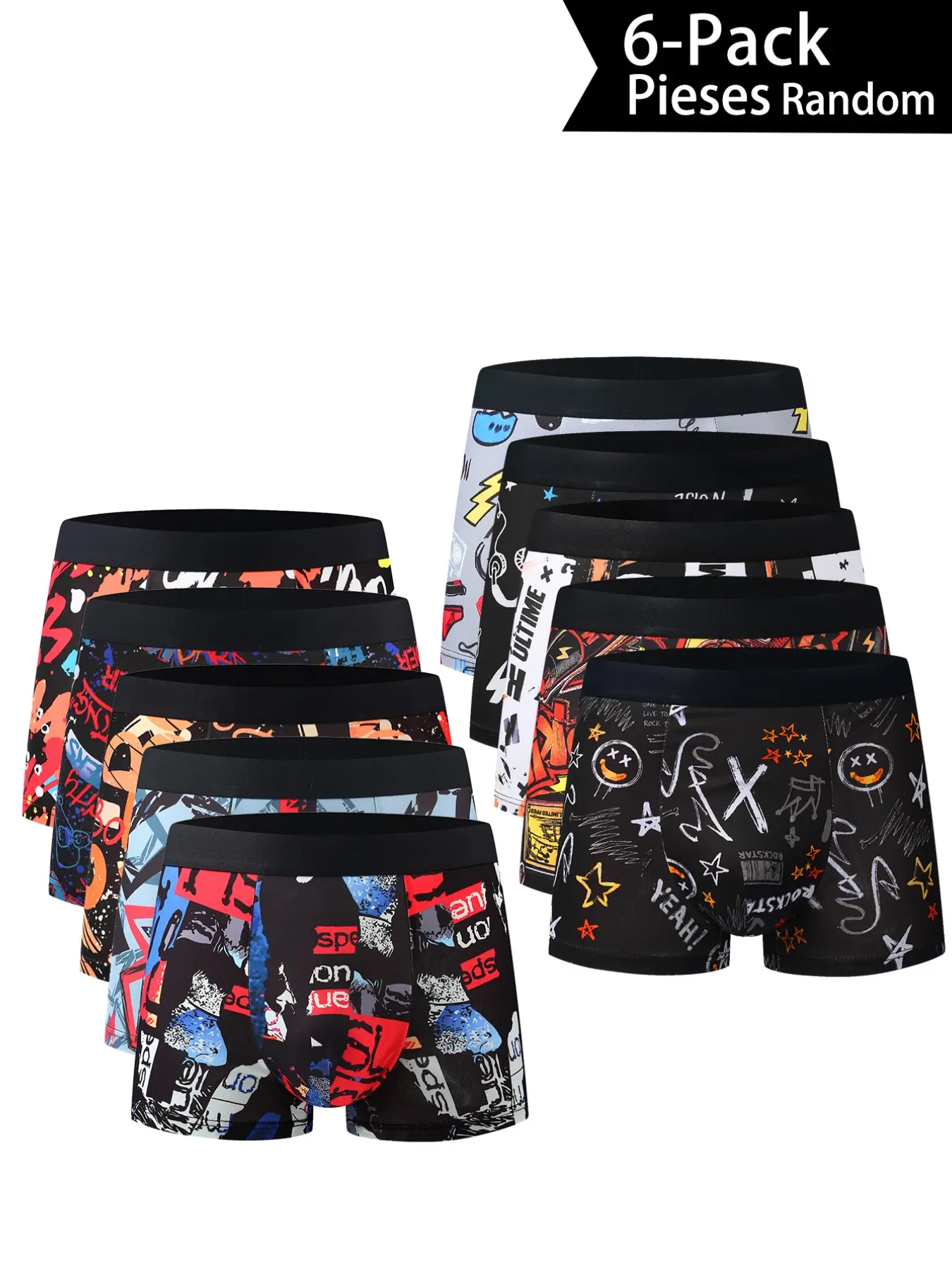 6-Pack Men's Trendy Letter Graffiti Boxer Briefs, Casual Slim-Fit Geometric Print Trunks, Soft Fabric Youth Fashion Underwear