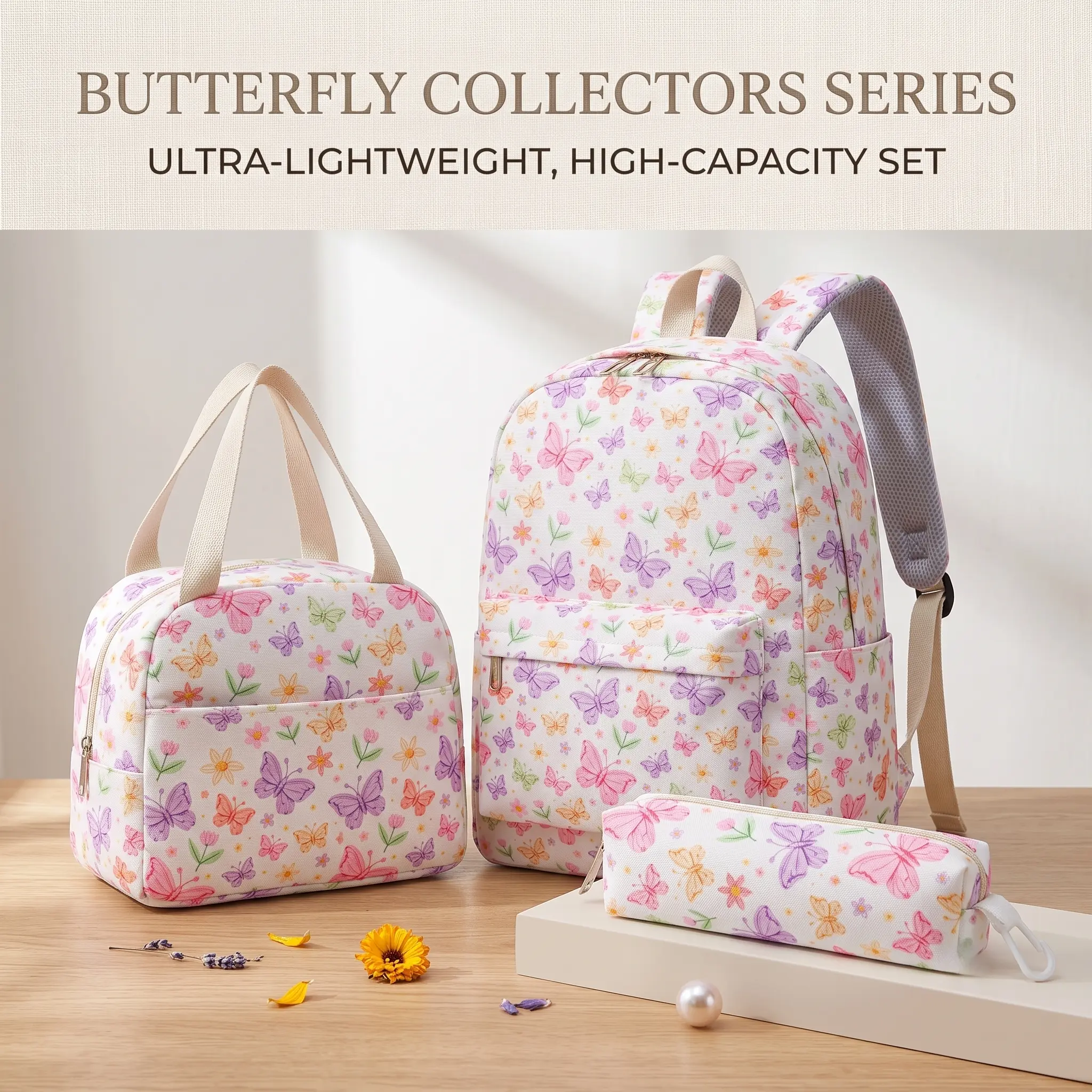 Unisex 3-in-1 College Student Backpack Set, Insulated Tote, Butterfly Zip Modular Pencil Case, Large Capacity, Breathable Polyester, Fresh Casual Style, Butterfly Print, Back to School Functional Backpack