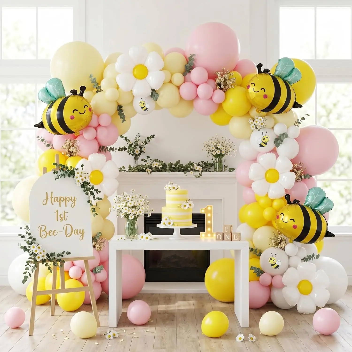 146PCS Bee Balloon Arch Garland Kit with Yellow Pastel Pink White Daisy Balloons for Girls Bee Birthday Decorations, Mothers Day Party, Bear Baby Shower, Flower or Groovy Theme Decor