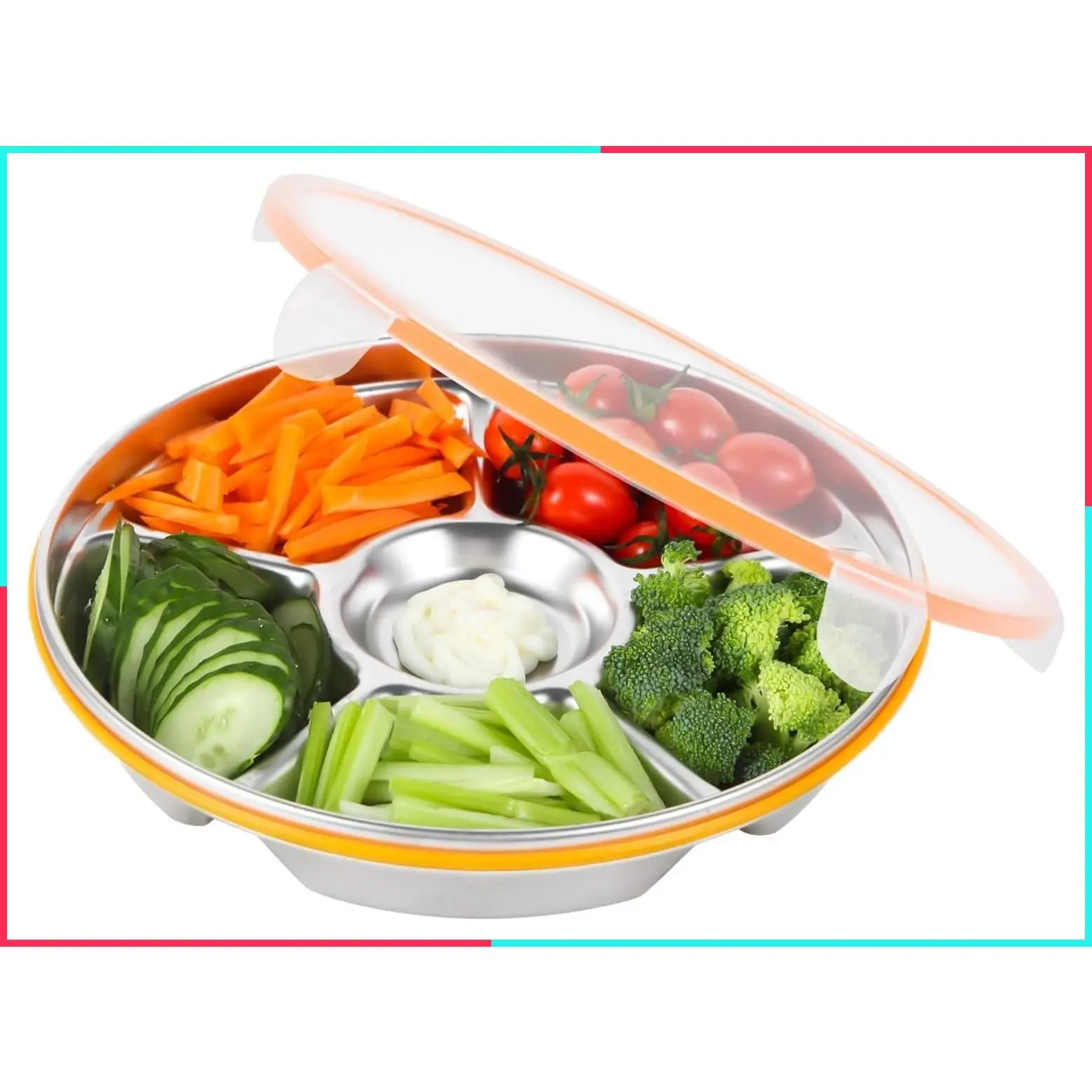 6-Compartment Stainless Steel Serving Tray with Lid - 10-Inch Divided Platter for Snacks, Veggies & Fruits, Christmas Party Snackle Box Container