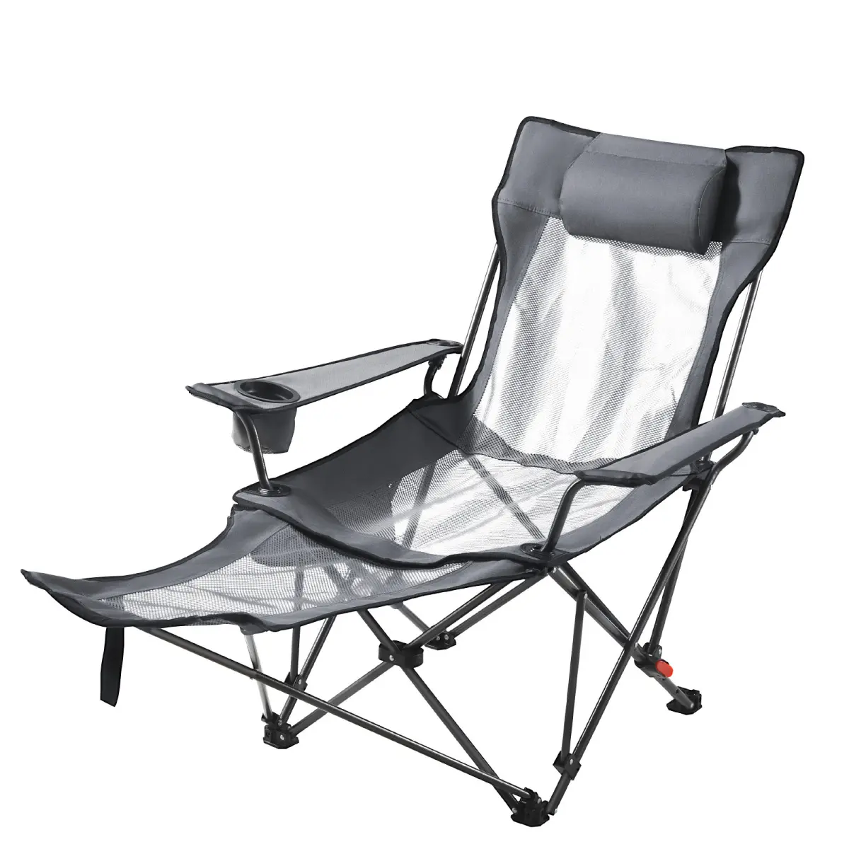 Gray Heavy-Duty Reclining Camping Chair for Adults, 4 Adjustable Positions, Portable Folding Lounger with Mesh, Headrest & Footrest, 220 lbs Capacity, for Patio & Beach