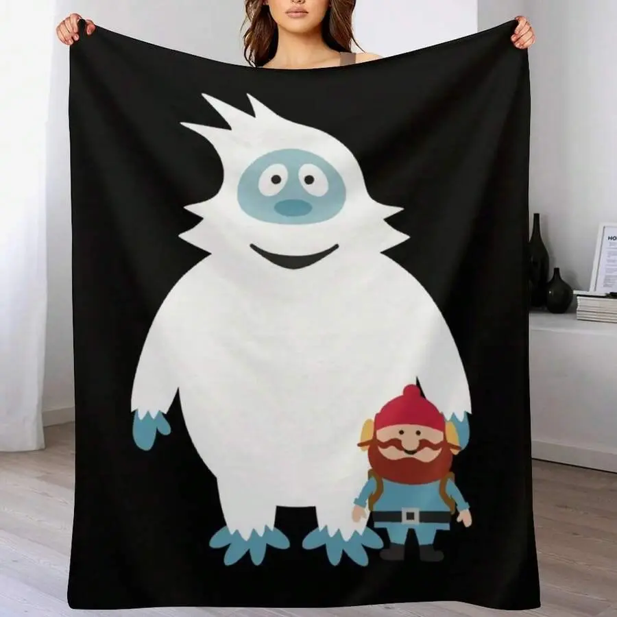 Black Background Cute Cartoon White Yeti & Bearded Explorer Dwarf Flannel Throw Blanket Minimalist Flat Illustration Soft Fleece Blanket Whimsical Winter Theme for Bedroom Couch Holiday Fan Gift