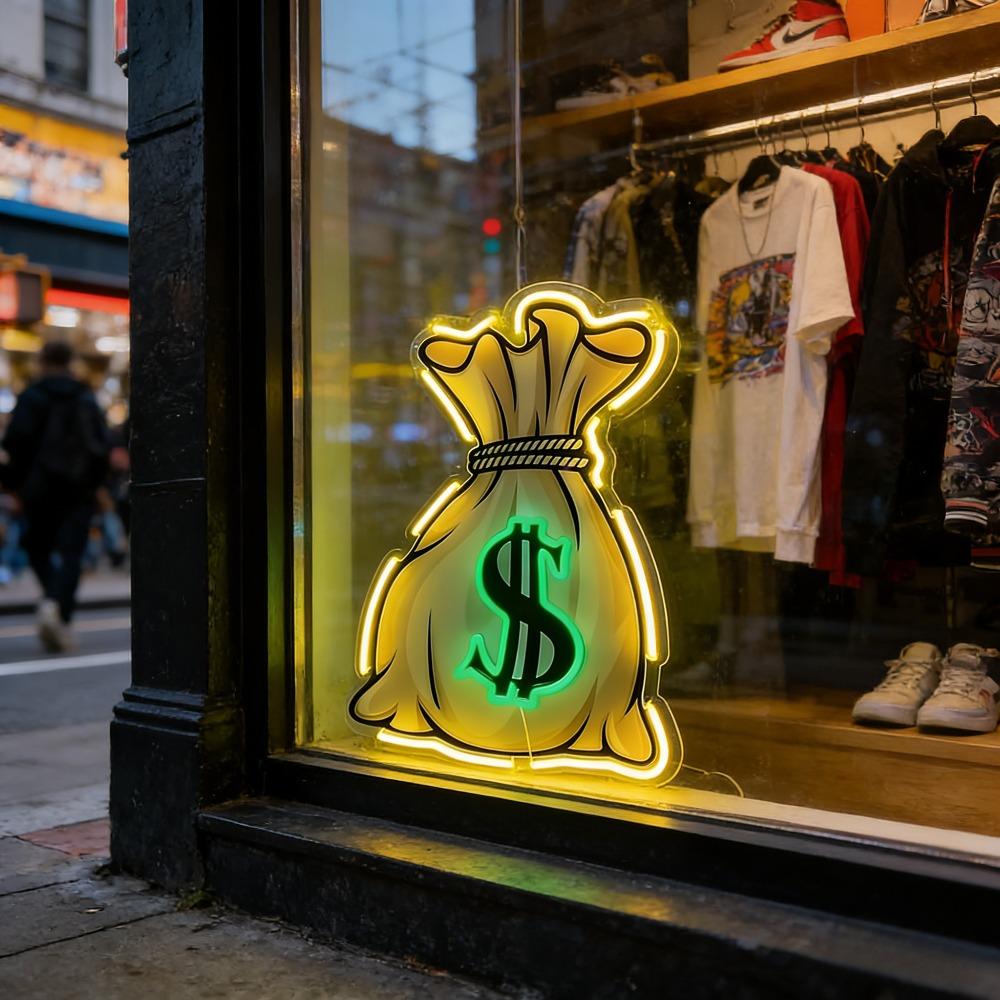 Money Bag Dollar Sign Neon Sign, USB Powered Dimmable Warm Yellow Green LED Neon Light, Money Themed Wall Decor for Man Cave Bar Game Room Office, Wealth Motivational Gift for Entrepreneurs Gamers Guys, size: 40 x 27 cm