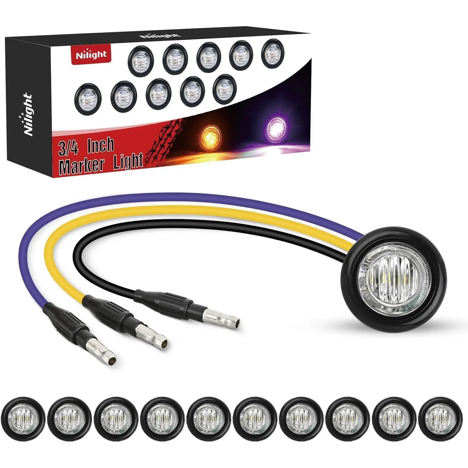 Nilight 3/4 Inch Dual Color Marker Light 10PCS Amber to Purple Turn Signal Auxiliary Side Marker Clearance Indicator Bullet Lights 3 Plug IP68 Waterproof for Trailer Truck Pickup Camper RV ATV UTV Van Bus, Amber Cab Lights Light Bars & Work Lights, Offroa