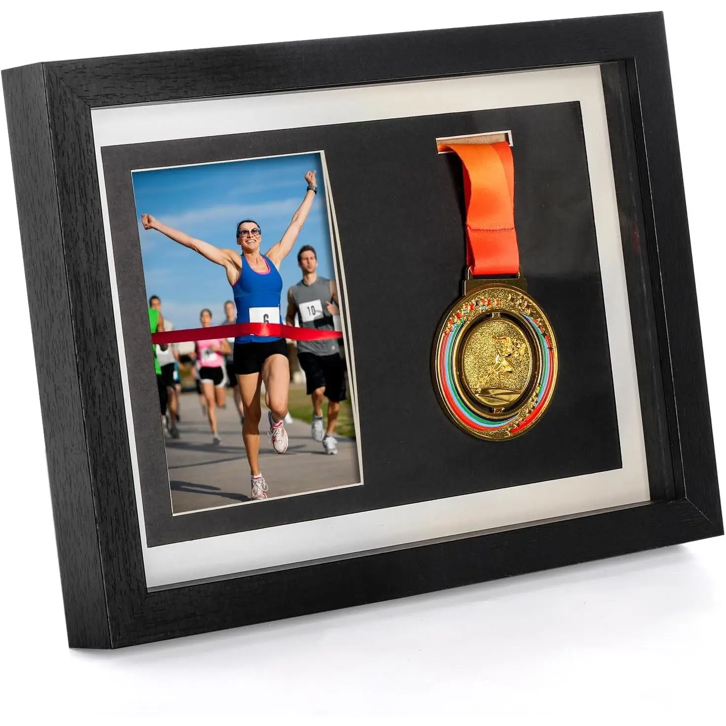 Medal Display Shadow Box with Photo Frame, Wood Marathon Medal Storage Box for Runners, Sports and Military Awards, BlackGift