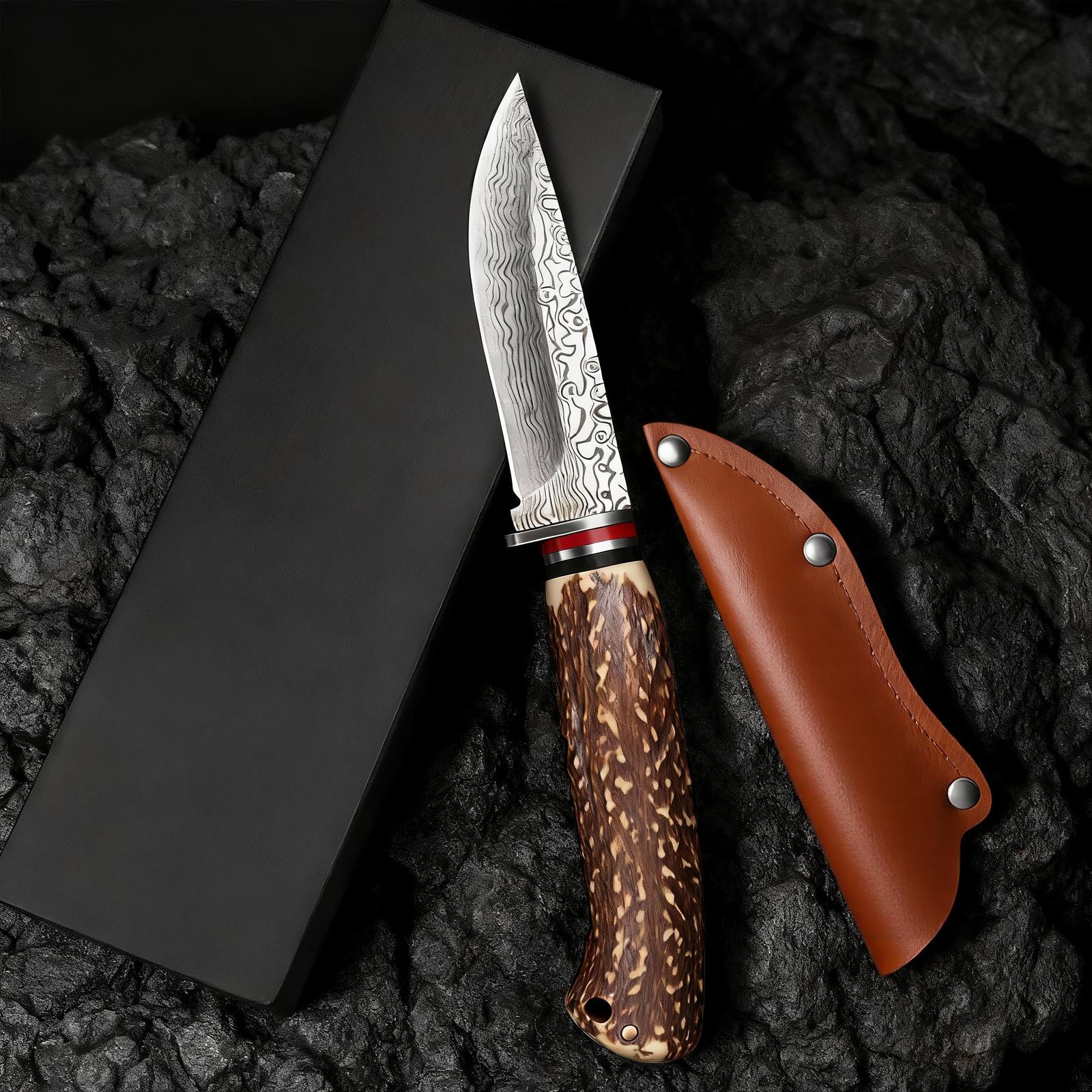 Damascus Pattern Kitchen Knife Chef Knife Steak Knife Razor Sharp Stainless Steel Meat Slicing Cleaver 8.3" Knife with Leather Sheath & Gift Box BBQ Cooking Utility Knife Non-Slip Faux Antler Stag Handle for Beef Tomahawk Fish Veggies Gift for Men Women