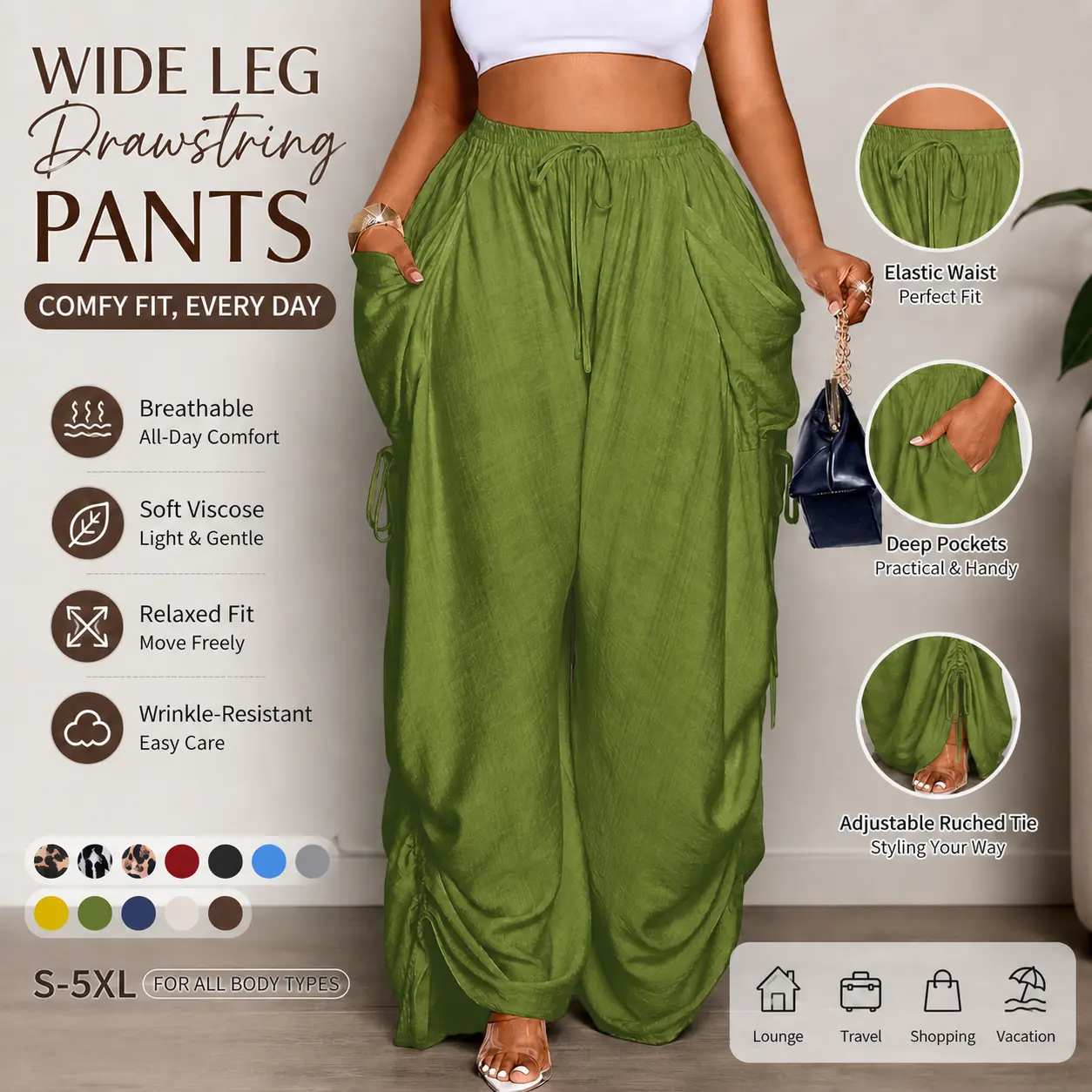 Women's Plus Size Olive Green Wide Leg Palazzo Pants S-5XL, Soft Breathable Viscose, Elastic Drawstring Waist, Deep Pockets, Adjustable Ruched Ties, Relaxed Loose Fit Wrinkle-Resistant Casual Lounge Trousers for Travel, Vacation, Shopping, Daily Wear