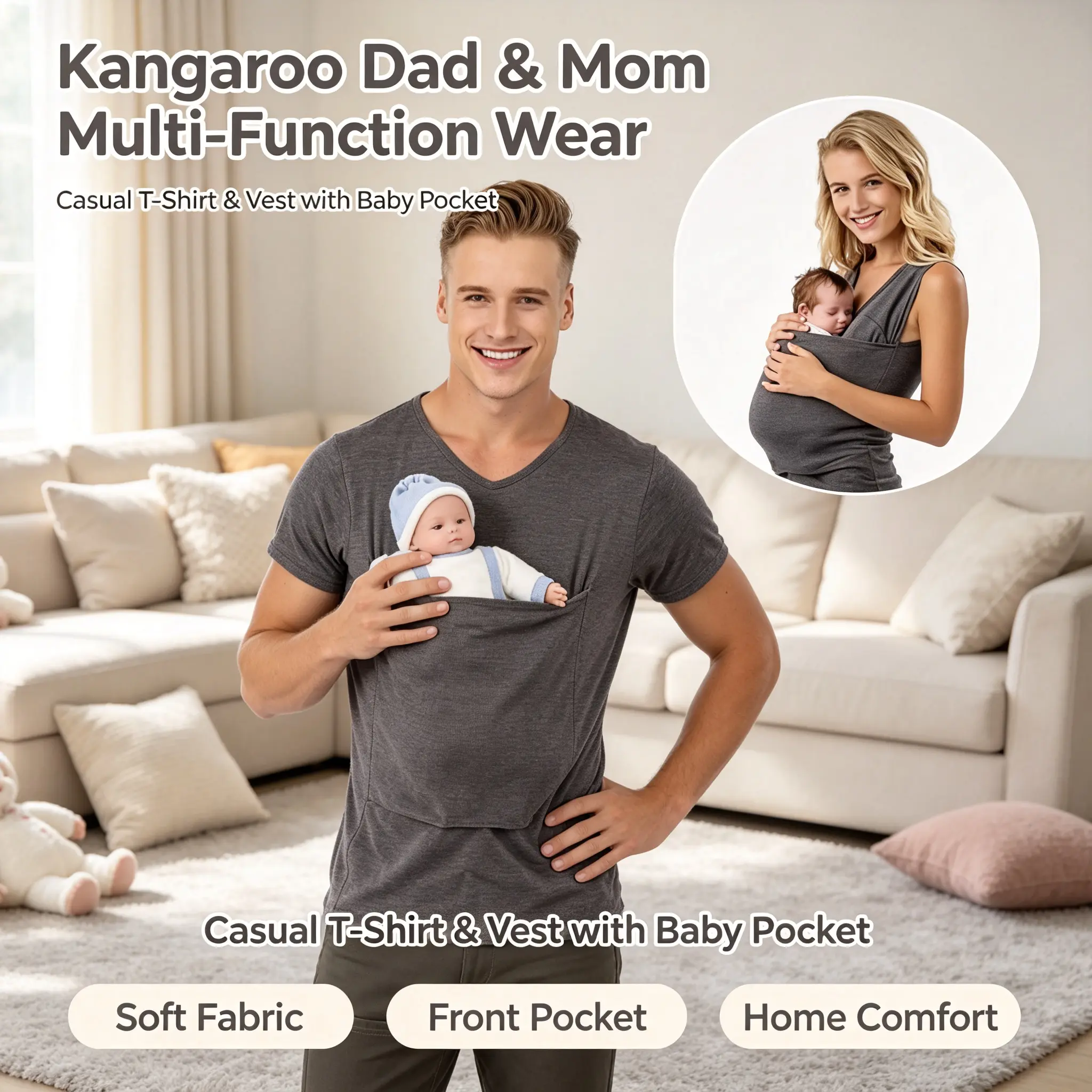 Mom & Dad Kangaroo Baby Holding Top, Casual Parenting T-Shirt & Tank Top, Loose Fit Hidden Pocket Baby Carrier Shirt for Parents
