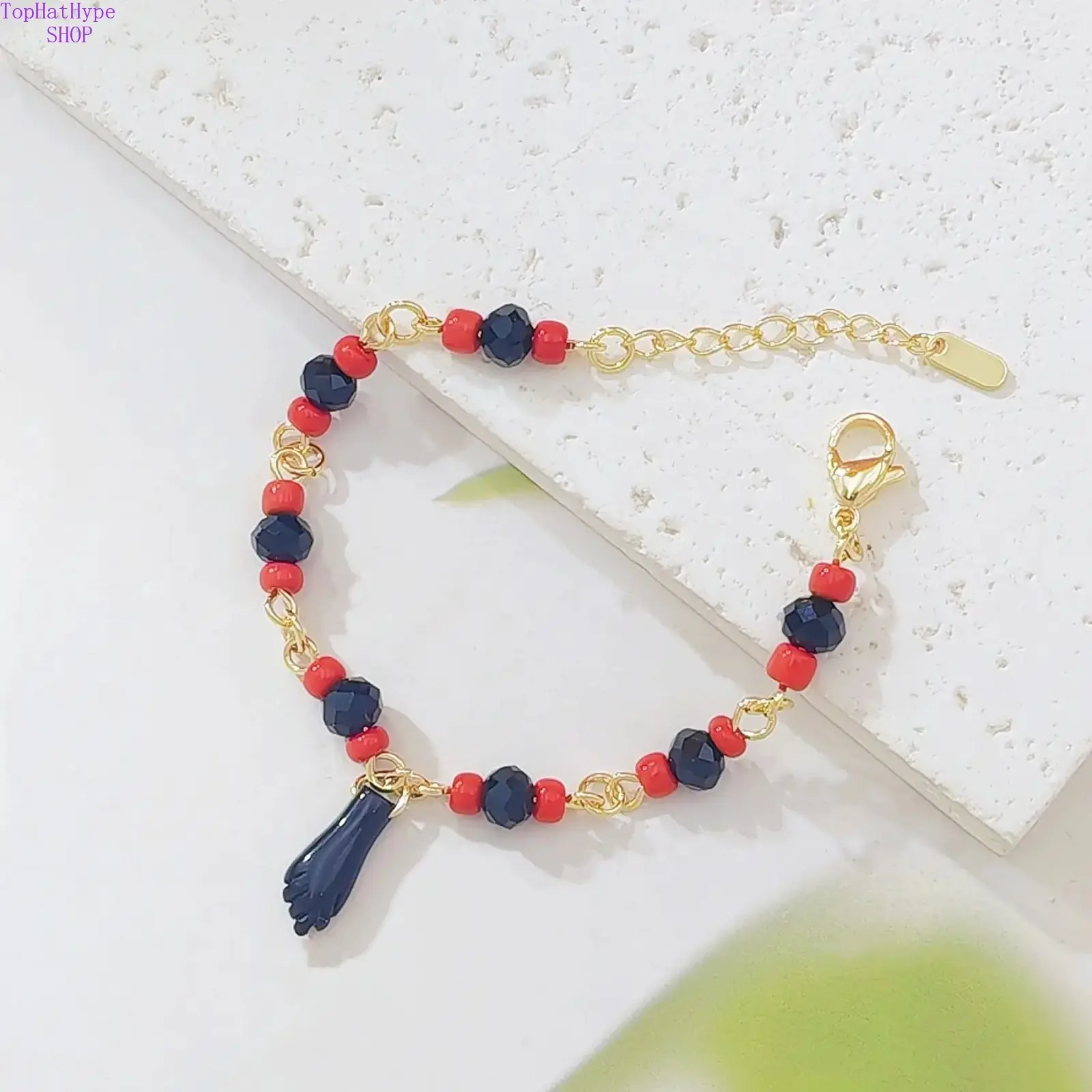 Red & Black Beaded Protection Bracelet with Black Obsidian Hand Charm, 14K Gold Plated Adjustable Chain, Evil Eye Protection Amulet Jewelry for Women, Dainty Stackable Spiritual Bracelet Gift