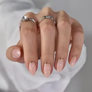 Press On Nails Almond - Short Gold Foil Press On Nails with Glue for Women, Semi-Transparent Soft Gel Glue On Nails in 16 Sizes - 32 Stick On Nails Kit, Gold End