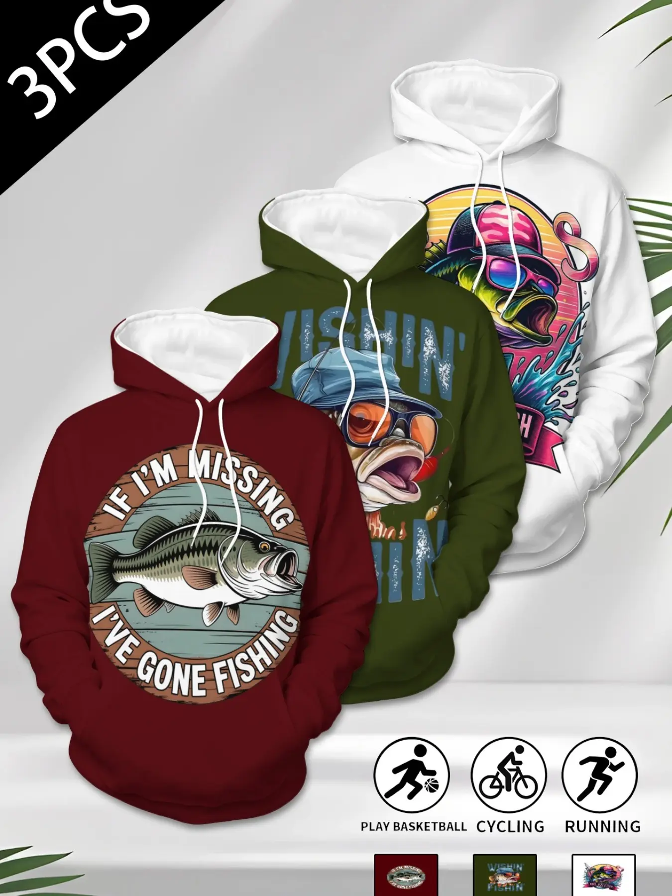 3 Piece Men's Loose Hoodie Set, Fun Bass Fishing Print Pullover Hoodies, Casual Streetwear for Outdoor Enthusiasts, All Seasons