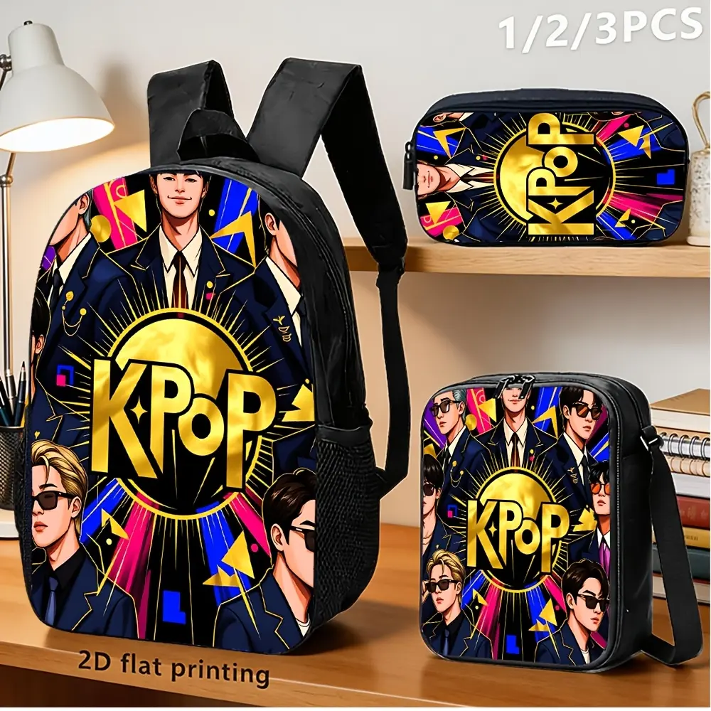 3pcs Set - Boy Band Print Backpack Set - Lightweight Travel Backpack, Multi-Functional Storage Bag, and Organizer Pouch |   Adjustable Shoulder Straps, Stylish Design, Suitable for Teenagers, for Teenager
