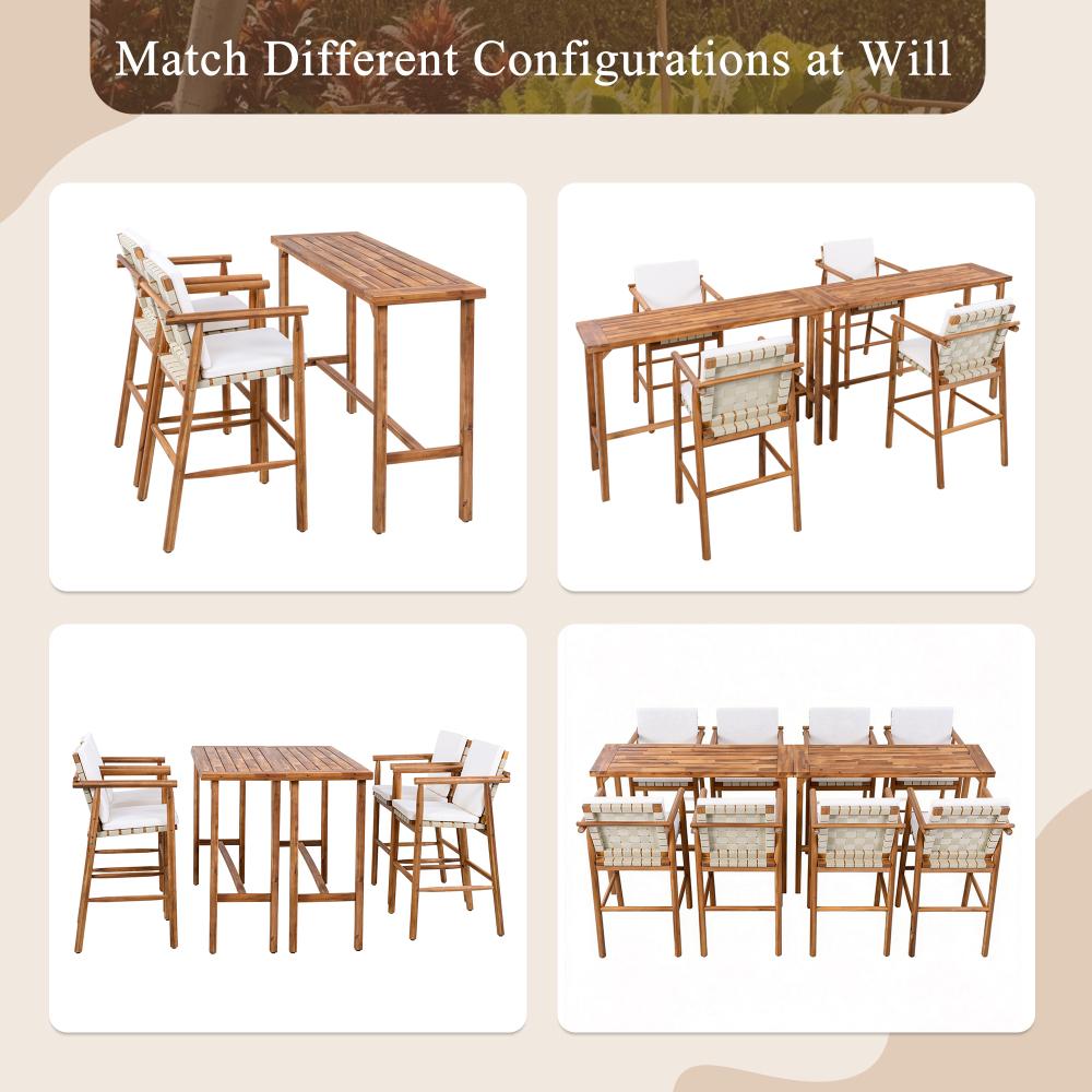 3 Piece Outdoor Bar Set, bistro Patio Acacia Wood Bar Height Table & 2 Stools with Cushions, Wood Dining Bar Set for Backyard, Poolside, Balcony, Beige Cushions