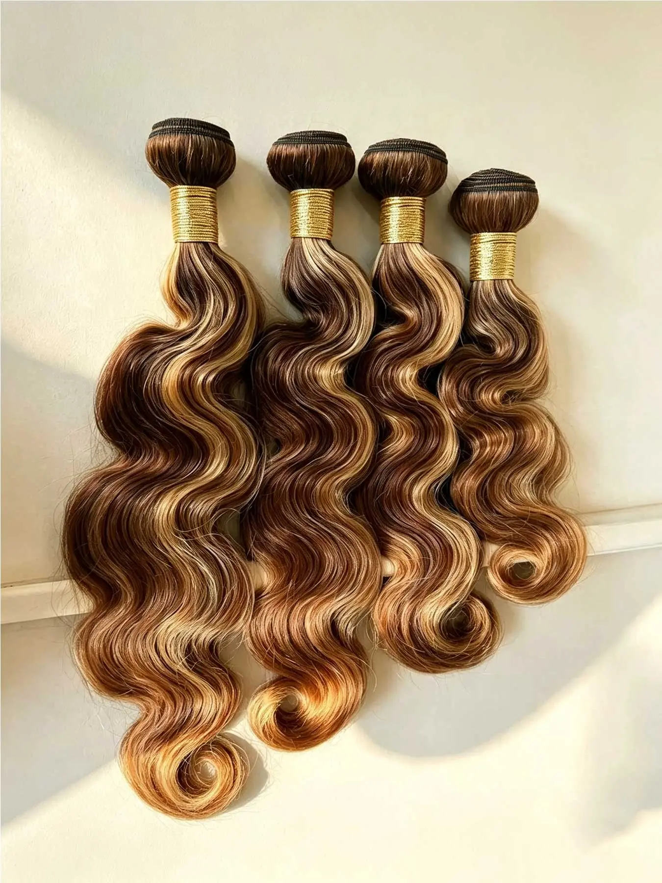 Ombre Blonde Human Hair Bundles, Highlight Body Wave Extensions, Brazilian Remy Soft Double Weft, Full Head Invisible Glueless, Daily Wear