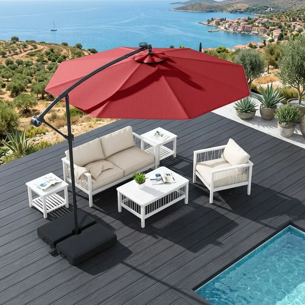 10FT Offset Patio Umbrella - Built-in 32 Solar LED Lights, Sun Protection Canopy, Wind Vent, Crank-Adjustable Hanging Outdoor Parasol with Sandbag Base for Garden (Lights Up Your Space), Built-In Solar Led Lights Parasols