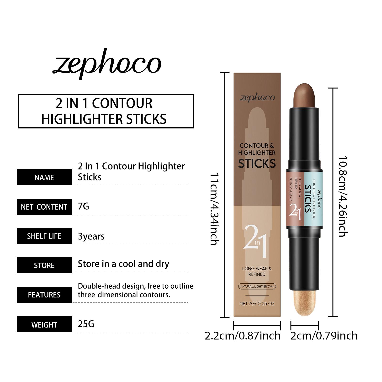 zephoco Natural Color + Light Brown 2-in-1 Contour and Highlight Stick Convenient Dual-Head Design Contour Highlight Stick