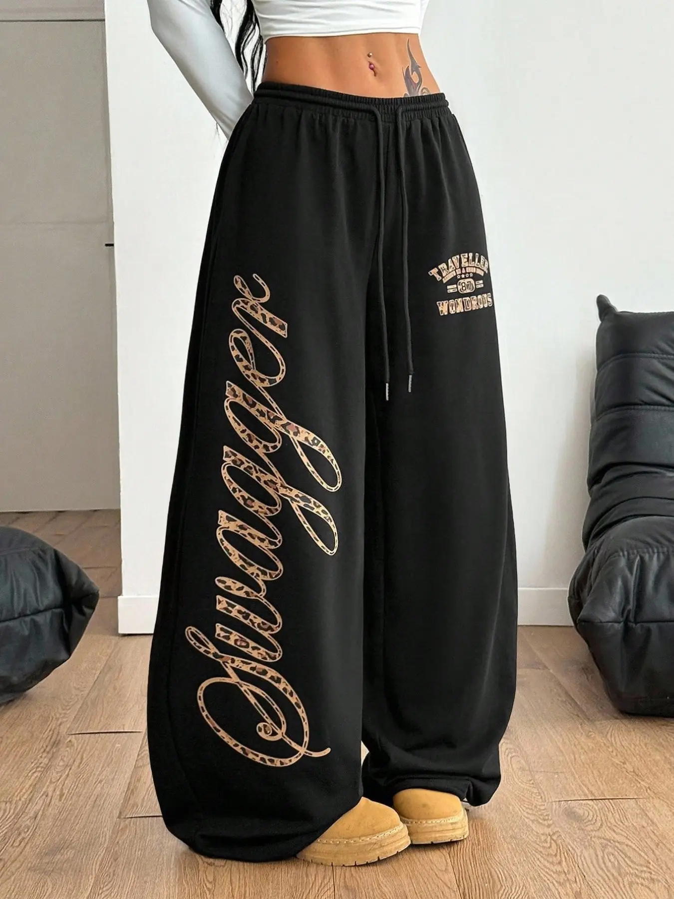 Coolane Women's Fall/Winter Streetwear Game Day Back To School Vintage Cheetah Print Comfortable Black Baggy Drawstring Sweatpants Wide Leg Sweatpants