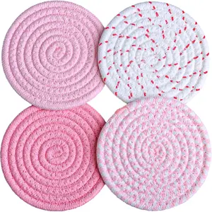 4.8 Inch Drink Coasters Set of 4, Large Fabric Cotton Coasters, Cute Girly Absorbent Handmade Woven Coaster, Minimalist Boho Table and Desk Decor, Posavasos for Cups, Gift for Women (Colorful Pink)