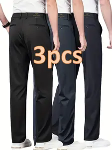 Three-Piece Business Straight Leg Pants, High Elastic Wrinkle-Resistant Fabric, Gold Bee Embroidery, Fitted Slim Fit, All Seasons