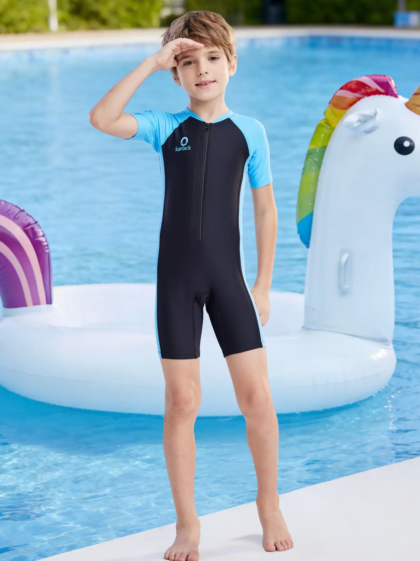 Karrack Boys' One-Piece Sun Protection Swimsuit, Color Block Design, Knee-Length, Zipper, Modest Style, Upf 50+, All Seasons