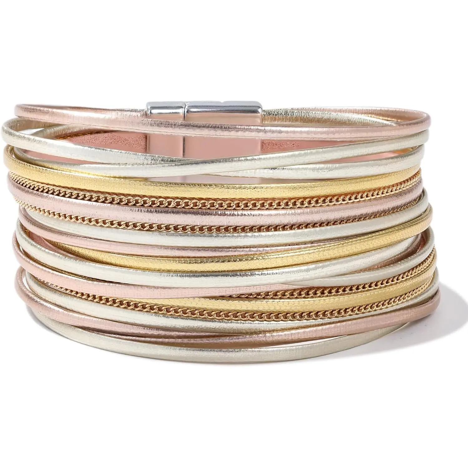 Boho Leather Wrap Bracelet Stackable Layered Bangle Cuff with  Clasp