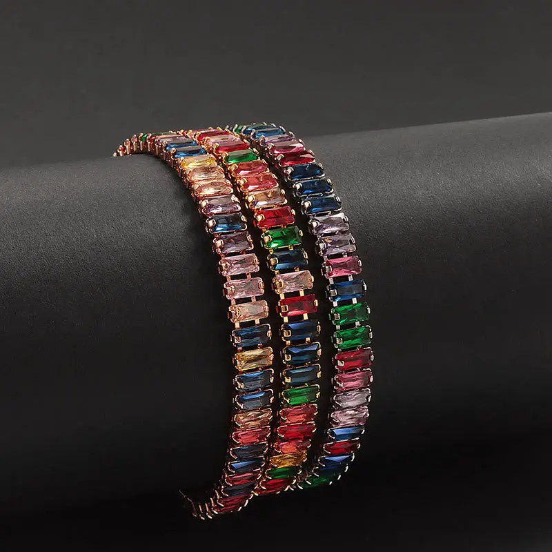 Tennis Bracelet in a Rainbow Array of Baguette Cut Crystals, Luxury Arm Candy for Women's Party Wear