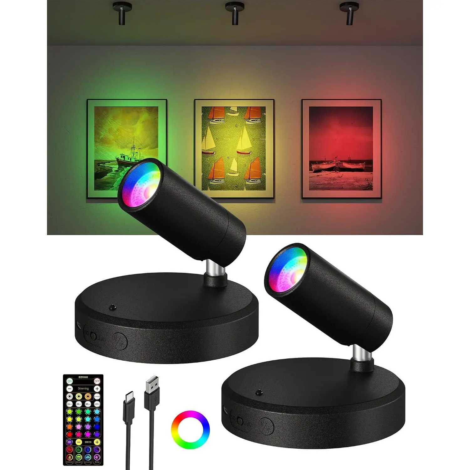 2-Pack Black RGB Indoor Mini Spotlights with Remote Control, 5500mAh Rechargeable Battery, 83 Color Changing Uplighting, DIY Mode, USB-C Charging, 3.66 Inches Length Mini Sized Accent Lights for Plant Artwork