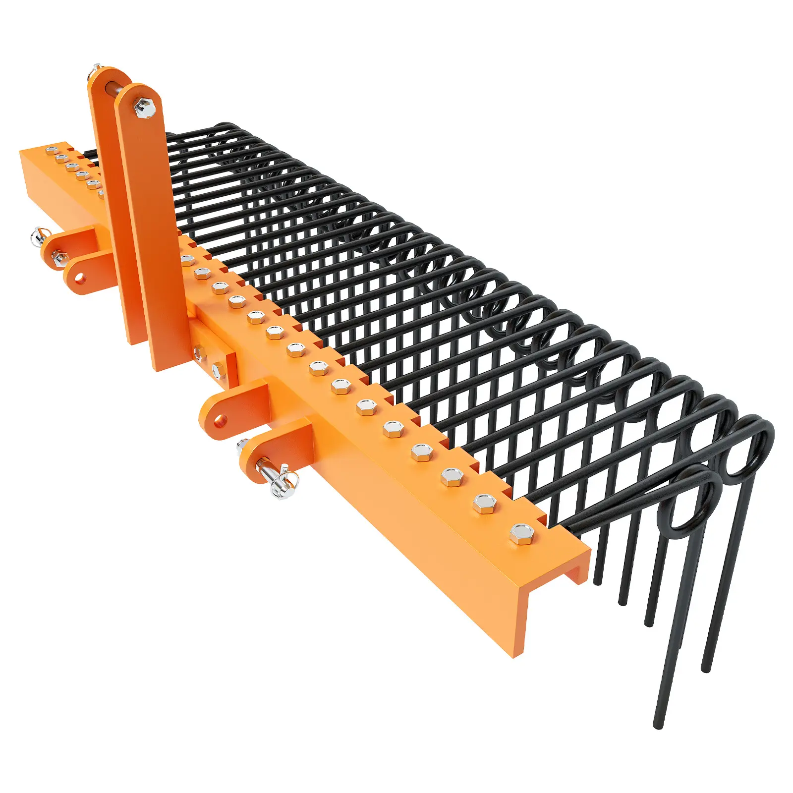 Farm Lawn 60 Inch 3 Point Pine Needle Rake, Orange Spring Steel Landscape Rake with 30 Tines for Leaves Dry Grass Thatch Removal