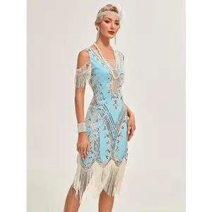 1920s Vintage Sequin Gatsby Party Dress with Fringe Short Sleeve Evening Gown for Banquets and Toasting Ceremonies - In Stock
