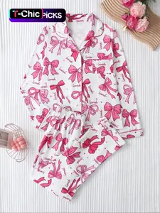 Two-piece Set Women's Christmas Print Button Front Pocket Shirt & Elastic Waist Pants Pyjama, Casual Comfy Long Sleeve Collared Top & Trousers Pajama Set, Women's Sleepwear for Spring & Fall
