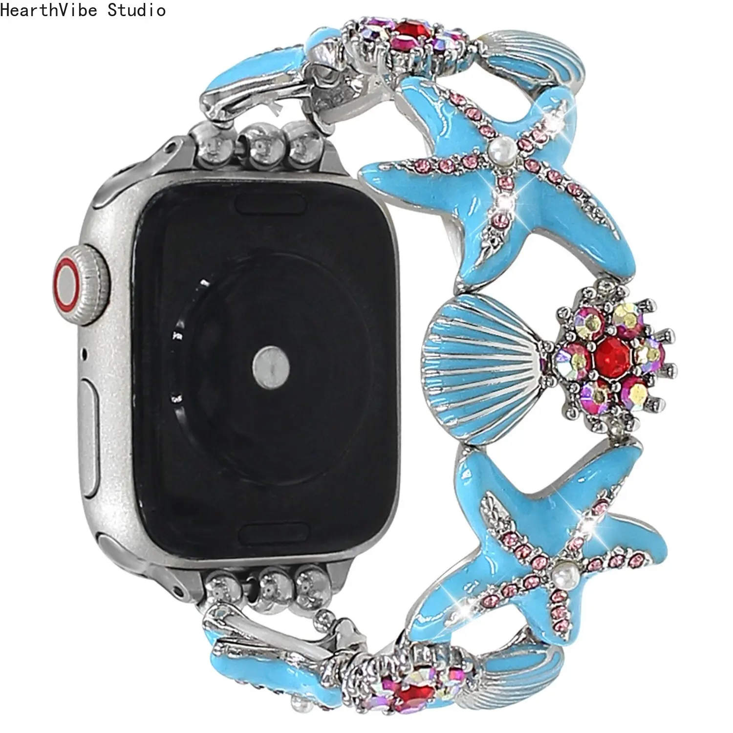 Starfish Shell Ocean Metal Watch Band Luxury Rhinestone Jewel Bracelet Strap Compatible with Apple Watch Series 11 10 9-3 SE Beach Party Gift