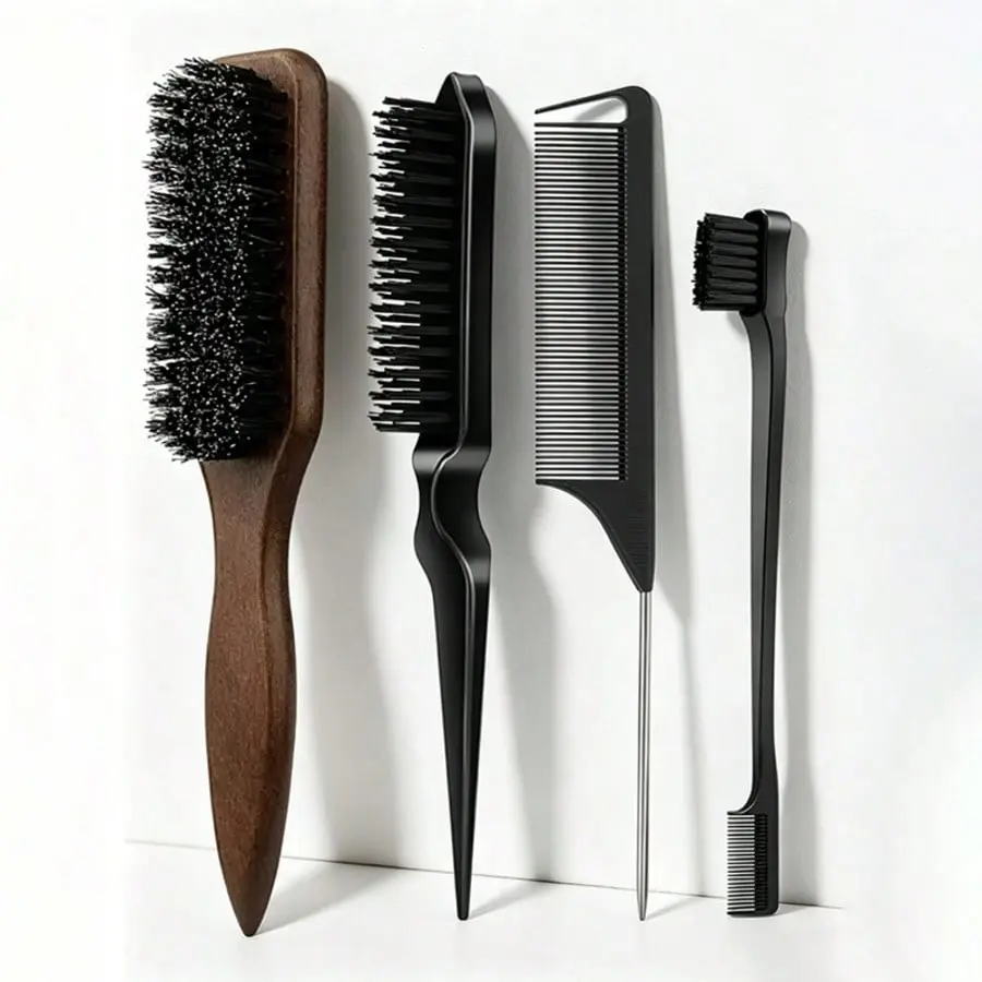 4-Piece Wooden Smoothing Comb Set, Ideal for Smooth Ponytails, Frizz Control, Hairline Management, Back Combing, Voluminous Styles, Wide Teeth for Sectioning