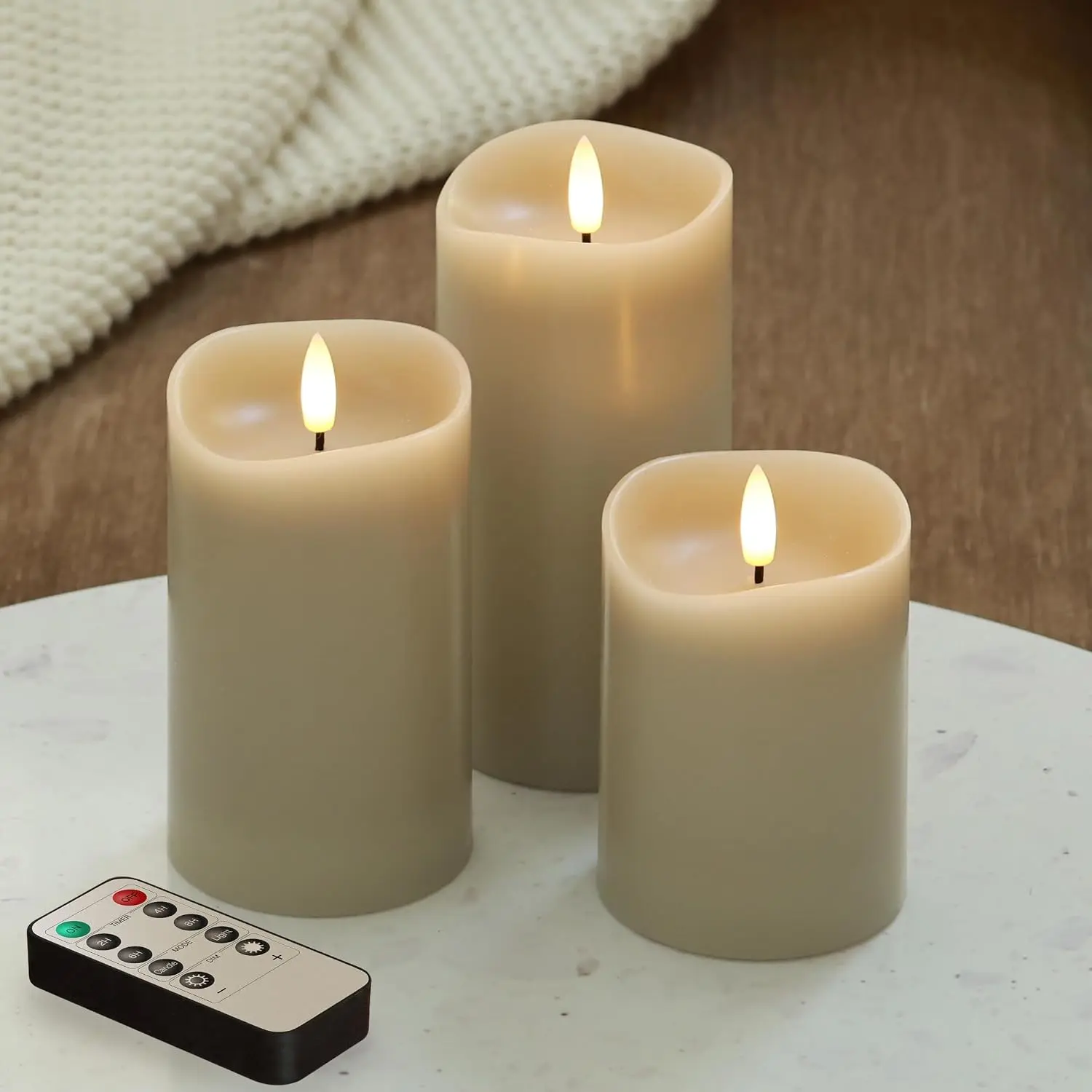 Beige Flameless Candles with Remote and Timer, Real Wax Made LED Pillar Candles  Operated with  Flickering Flame Melted , 3" x 4",5",6", Set of 3 (Beige)