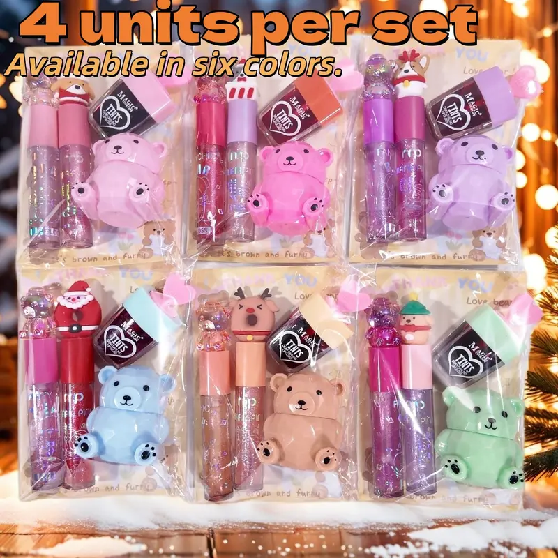 Cute Bear Lip Gloss Set, Carnival Gift, 4pcs Moisturizing Hydrating Glossy Lip Balm, Transparent Shimmer Lip Oil, Matte Jam Color, Holiday Beauty Combo, Cosmetic, Lip Products, Lip Oil Kit