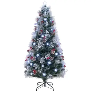 7ft Pre-lit Fiber Optic Christmas Tree, Artificial Snowy Xmas Tree with 76 Cool White LED Lights, 8 Modes, 270 PVC Leaves & Pine , Pine Cones, Red Berries, Office  Holiday Decoration
