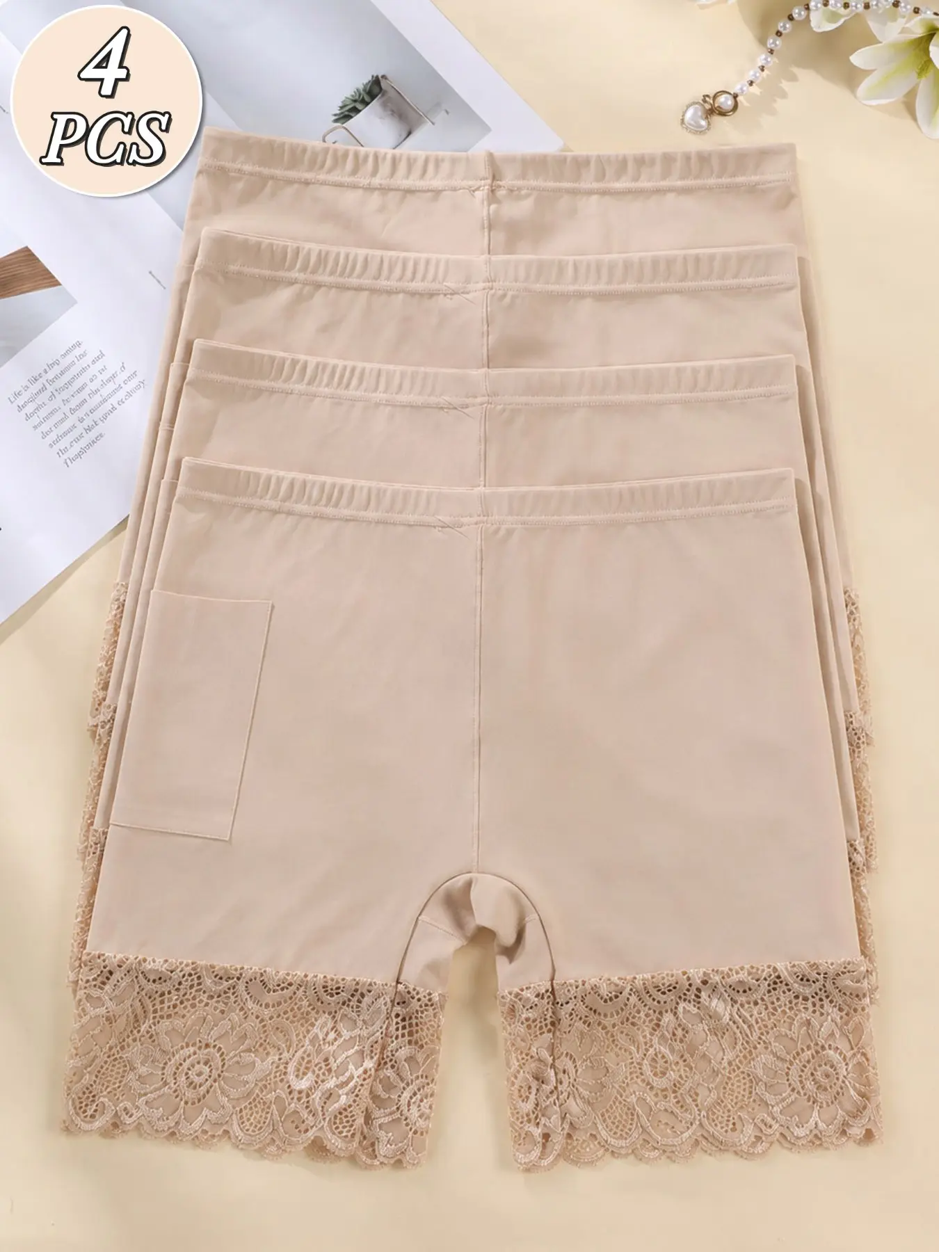 4 Pack Seamless Slip Shorts for under Dresses, Ice Silk Breathable Lace Trim Anti Exposure Boyshorts for Women Panties Underwear