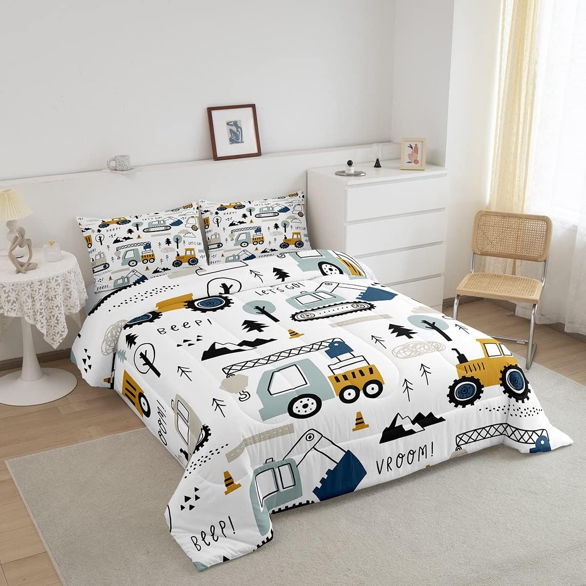Cartoon Car Comforter Set,Construction Bedding Set,Room Decor Equipment Trucks Comforter All Season Excavator Tractor White Yellow Duvet Set