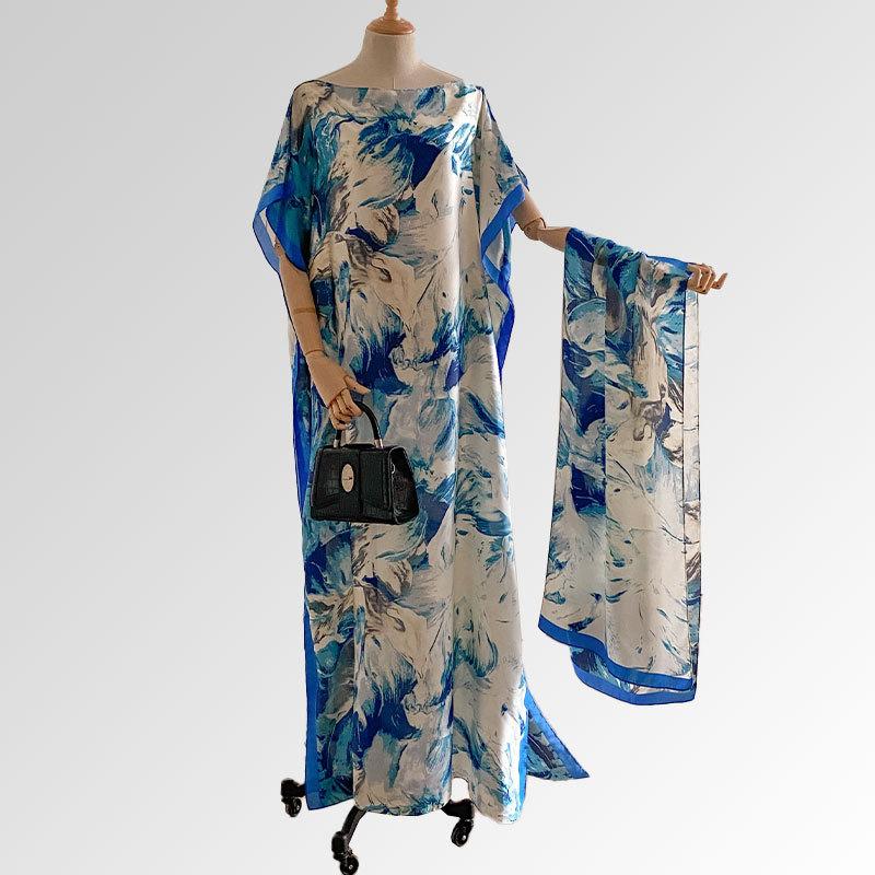 Women's Floral Print Long Dress & Scarf Set,Boho Casual Shawl Dress & Scarf Set for BeachVacation Holiday, Ladies Clothes for AllSeasons