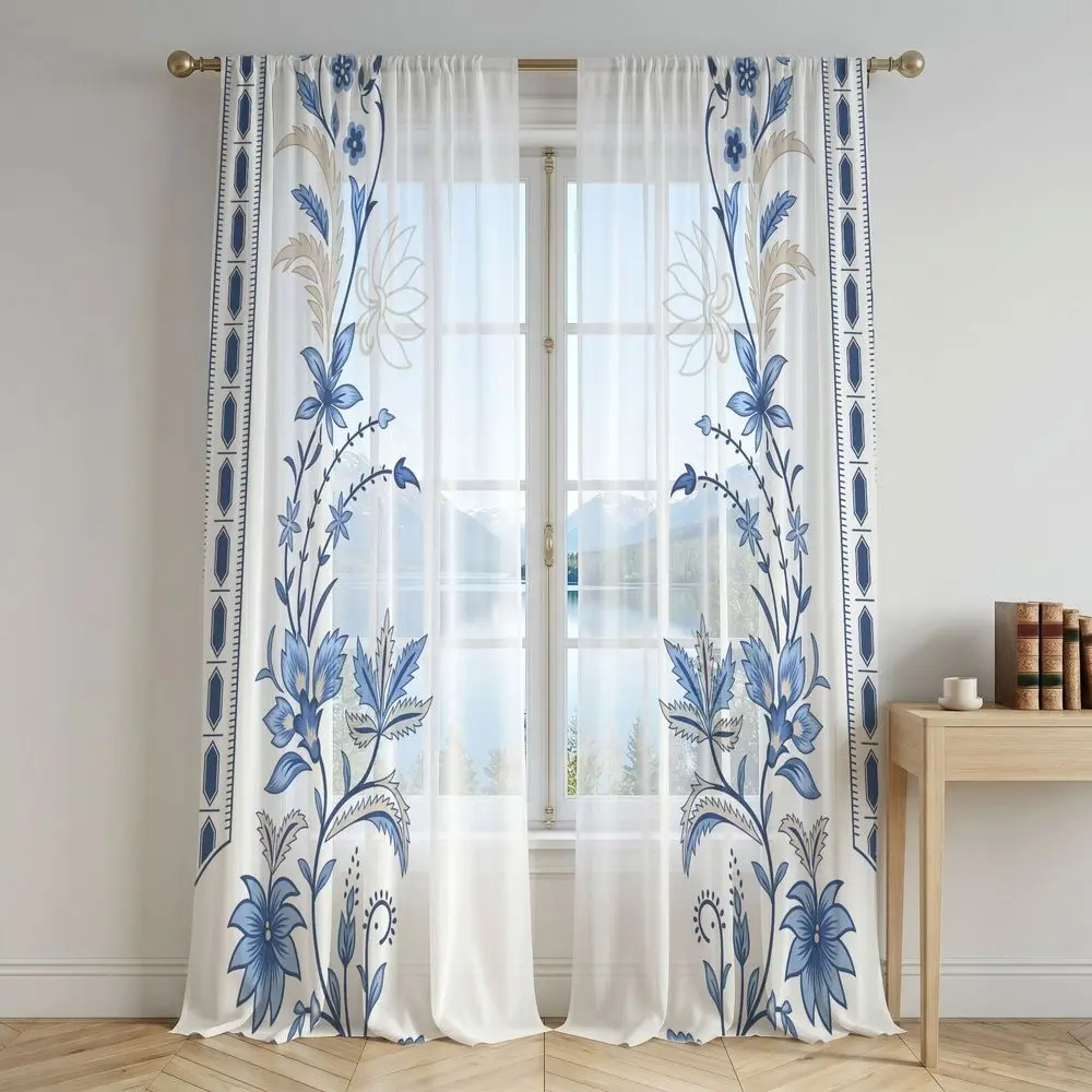 2-Pack Blue Floral Border Print Sheer Curtains, Window Sheers, all-season lightweight sheer fabric, classic boho vintage style. Suitable for living room, bedroom, balcony, bay window and over 99 different home decoration scenarios.