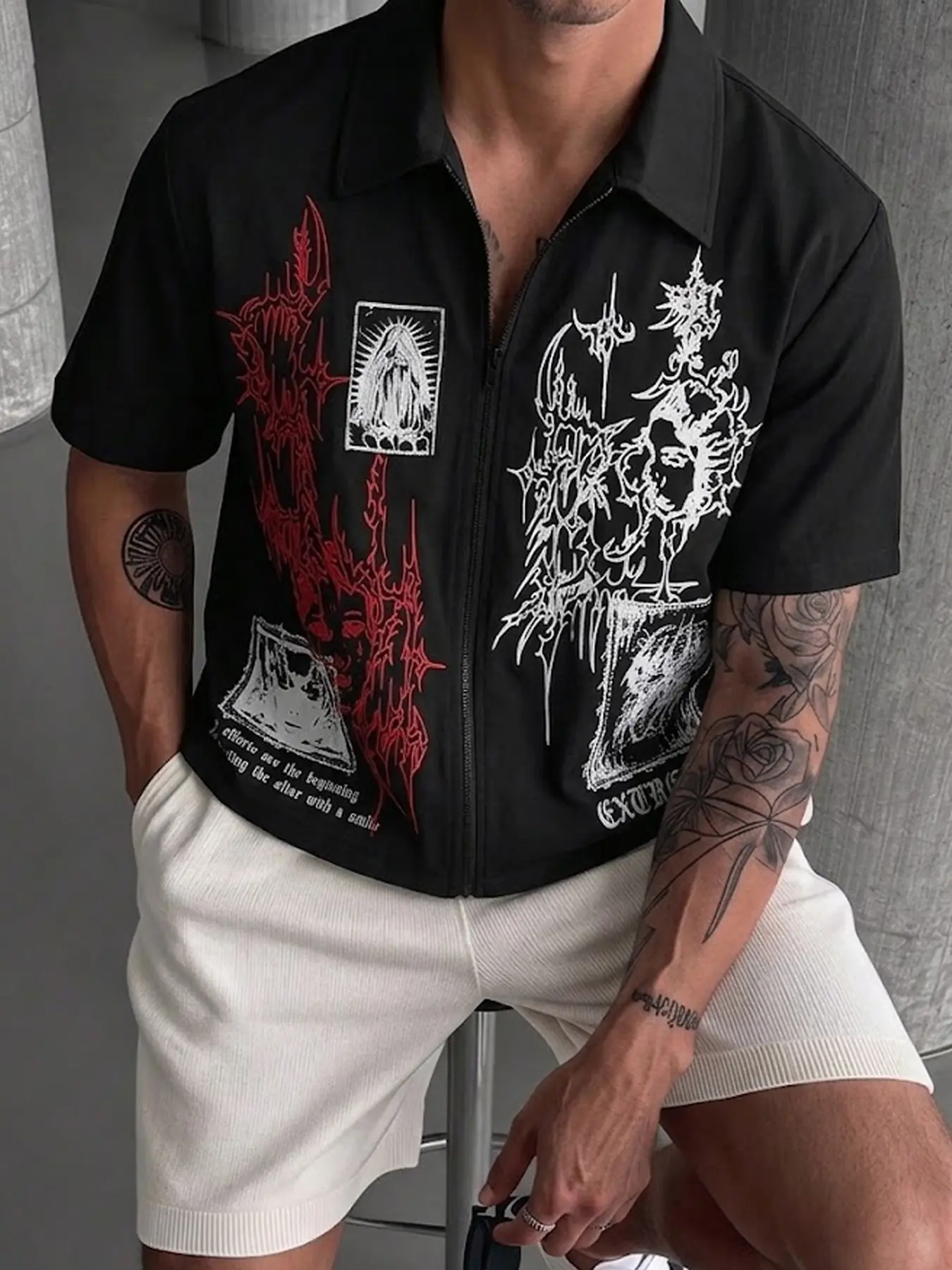 Dark Punk Gothic Zipper Lapel Short Sleeve Cardigan, Unisex Asymmetric Thorn Madonna Print, Loose Fit Lightweight Fabric
