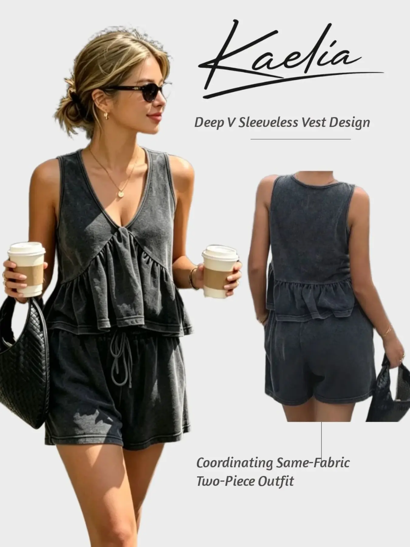 New Women's Vintage Washed Two-Piece Set V-Neck Sleeveless Vest + Adjustable Tie High-Waist Shorts Soft Knit Fabric Casual Chic Daily